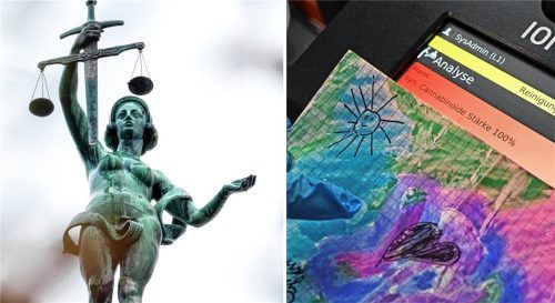 Ein Mann muss sich wegen Drogenhandels mit sogenanntem Spice-Papier vor dem Amtsgericht Mühldorf verantworten. Das rechte Bild zeigt ein Beispiel eines mit synthetischen Cannabinoiden versetzten Papiers, das als Kinderzeichnung getarnt ist (Symbolbilder).Fotos  Dpa