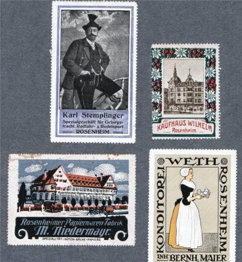 Eine Auswahl an Rosenheimer Reklamemarken, Stadtarchiv Rosenheim, SLG 13.Foto Stadtarchiv