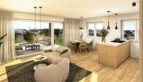 Großzügiger Wohnraum mit Weitblick: Helle Räume, Holzboden und große Fensterfronten schaffen ein wohnliches Ambiente mit Bezug zur ruhigen Umgebung.