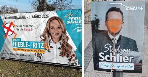 In Bad Aibling wurden in der Nacht auf Mittwoch zahlreiche Wahlplakate beschmiert – unter anderem mit einem Hakenkreuz. Fotos re/Weinzierl
