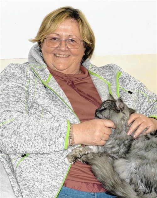 Katzenpatin Biggi Lata verteilt beim Besuch im Gnadenhof Katzentraum Streicheleinheiten.Foto Gnadenhof Katzentraum