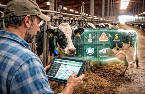 Per Tablet die Gesundheitsdaten der Kühe checken: KI-gestützte Sensoren erkennen frühzeitig Auffälligkeiten und unterstützen bei Fütterung und Behandlung. Foto KI