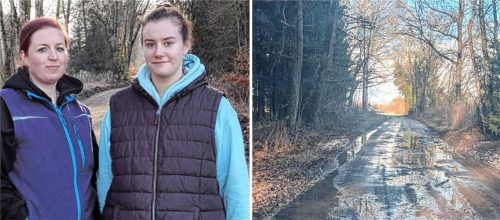 Petra Hartmann (links) und Alexandra Türmer sind weiterhin verärgert. Schlaglöcher und große Pfützen prägen im Winter die Straße nach Schrottwinkl. Foto Weinfurtner/privat