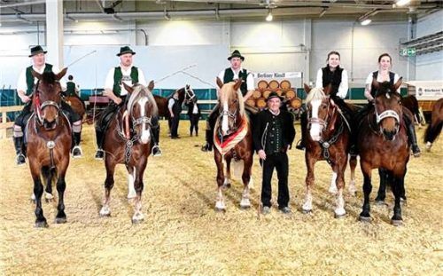 Präsentierten sich bei der Grünen Woche in Berlin: (von links) Andreas Kriechbaumer mit Pipa II, Georg Gilg mit Eleonora, Sebastian Grandauer mit Finesse G (Reservesiegerin), Georg und Magdalena Blindhammer mit Püppi sowie Anastasia Kern mit Halina. Foto Hötzelsperger