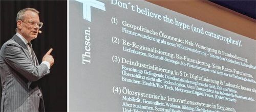 Professor Dr. Stephan Jansen sorgte mit seinem aufrüttelnden Vortrag zur Zukunft der Wirtschaft für Kurzweil beim verspäteten Neujahrsempfang der IGW und des IVM im Waldkraiburger Haus der Kultur.Fotos  Eschenfelder
