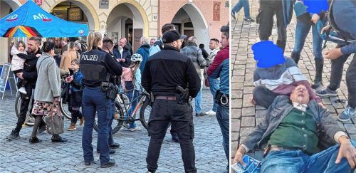 Vor dem Informationsstand der AfD am Rosenheimer Max-Josefs-Platz ist es am Samstag, 28. Februar, wohl zu einem Zwischenfall gekommen. Jugendliche sollen auf den 70-jährigen Rotter AfD-Bürgermeisterkandidaten Michael Maurer (rechts) eingetreten haben. Foto privat