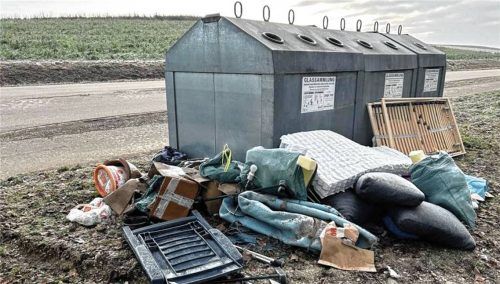 An den Glascontainern am Heldensteiner Badeweiher haben Unbekannte eine Matratze, einen Lattenrost und anderen Müll abgeladen. Foto re