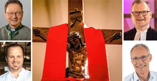 An Ostern feiern die Christen die Auferstehung Jesu nach dessen Tod am Kreuz. Was sie vom Leben nach dem Tod halten und erwarten, haben der katholische Pfarrer Maurus Scheurenbrand, der evangelische Pfarrer Dr. Matthias Kauffmann, Thomas Rothmayer, ab 1. Mai Bürgermeister in Kolbermoor, und Linken-Bezirksrat Klaus Weber (im Uhrzeigersinn von links oben) im Gespräch mit den OVB-Heimatzeitungen verraten. Foto IMAGO/Funke Foto Services, Alfred Wedlich, Nick Vogel, Günter Kratschmayer, re