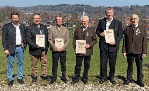 Bei der Ehrung langjähriger Mitglieder freuten sich: (von links) stellvertretender Vorsitzender Thomas Reitner, Marinus Brandl, Johann Ellmayer, Richard Obermaier, Sebastian Hafner und der scheidende Vorsitzende Karl Leitner.Foto Baumann