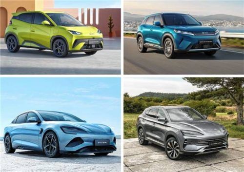 BYD-Flotte: Dolphin Surf, Atto 2 DM-i Hybrid, Seal U DM-i Hybrid und Seal (von oben links im Uhrzeigersinn). Foto BYD