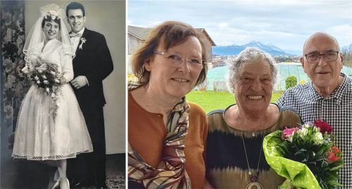 Die Blumen darf ihr Mann für das Foto nicht halten: Doris Gößling (Mitte) ist seit 65 Jahren mit ihrem Mann Friedhelm verheiratet – Rosenheims Dritte Bürgermeisterin Gabriele Leicht brachte Glückwünsche und Blumen. Foto Mischner