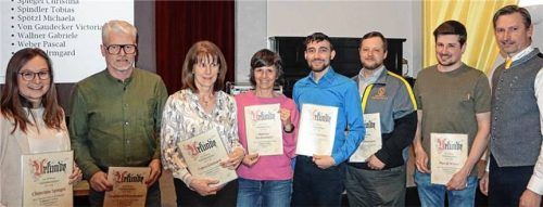 Die Geehrten für 25 Jahre im Verein: (von links) Christina Spiegel, Siegfried Ostermaier, Centa Lönhard, Martina Niedermaier, Anian Gambos, Stefan Ahammer und Pascal Weber mit Vorsitzendem Markus Lupp.