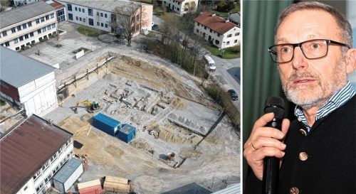 Für Olaf Kalsperger (rechts) war es der letzte Haushaltsbeschluss in seinem Amt als Erster Bürgermeister. Der Teilersatzneubau der Michael-Ende-Schule (links) ist eine der größten Investitionen der Gemeinde Raubling. Foto Gemeinde Raubling / Franz Ruprecht