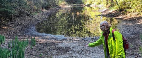Gemeinderätin Maria Dirnaichner vor dem Kiesweiher bei Sandgrub. Deutlich erkennbar ist der stark zurückgegangene Wasserspiegel. Foto BUND Naturschutz in Bayern e.V.