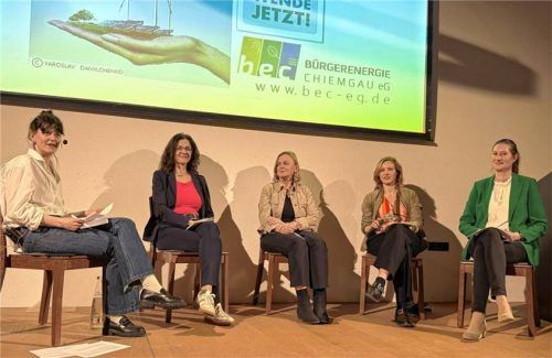 Gemeinsam auf der Bühne: (von links) Moderatorin Linda Beyschlag, Elke Hanel (Geschäftsführerin Maxsolar), Katharina Habersbrunner (Vorsitzende Münchner BenGeg), Kiara Groneweg (WECF-Programm-Managerin für Energie, Gender und Klima) und Bernaus Bürgermeisterin Irene Biebl-Daiber diskutierten in Bernau darüber, wie Frauen besser in die Energiewende eingebunden werden können. Foto Patrick Nägele