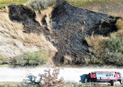 Luftaufnahme des gelöschten Schilfbrandes in der Hirschauer Bucht mit Einsatzfahrzeugen der Feuerwehr Erlstätt auf einem Weg neben der verbrannten Fläche. Foto Hobmaier/Feuerwehr Erlstätt