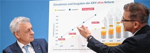 Wolfgang Greiner (rechts), Vorsitzender der Finanzkommission Gesundheit, und Ferdinand M. Gerlach, stellvertretender Vorsitzender der Finanzkommission Gesundheit, erläutern Empfehlungen zur Stabilisierung der Beitragssätze der gesetzlichen Krankenversicherung. Foto dpa