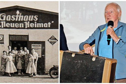 Zeitzeuge Elmar Spieske mit seinem Flüchtlingskoffer. Das historische Bild zeigt den Treffpunkt vieler Vertriebener in Mettenheim: das Gasthaus „Zur neuen Heimat“. Foto Fladerer