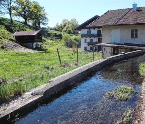 Der Chieminger Rat hat den Bebauungsplan „Seniorenzentrum Chieming“ auf den Weg gebracht. Gefeilt werden soll noch an Hochwasserschutzmaßnahmen. Die Gefahr ergibt sich aus dem neben dem Baugebiet liegenden Krebsbach. Die Häuser im Hintergrund sollen abgerissen werden, um Platz für das Zentrum zu schaffen. Foto Zandl