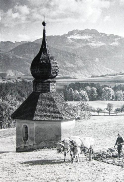 Die Brunnenkapelle bei St.Florian 1920 mit Ochsengespann und Schäden am Verputz.