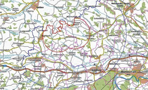 Die Karte zeigt die Schutzzone (rotes Segment) und Überwachungszone (blauer Kreis) rund um Buchbach und Oberbergkirchen – bis zur Landkreisgrenze. Foto Landratsamt