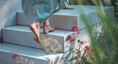 Massive Trittstufen gliedern das Gelände und verleihen den Wegen durch den Garten eine klare, architektonische Struktur.