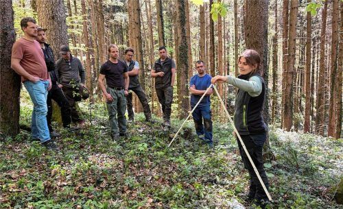 Mithilfe eines Meterstabs durften die Teilnehmer nach einleitenden Worten von Katharina Holzner, beim AELF zuständig für den Wald in den Gemeinden Halfing, Höslwang, Eggstätt und Tuntenhausen, den Waldboden auf einem Quadratmeter im Detail begutachten. Foto Kirchner