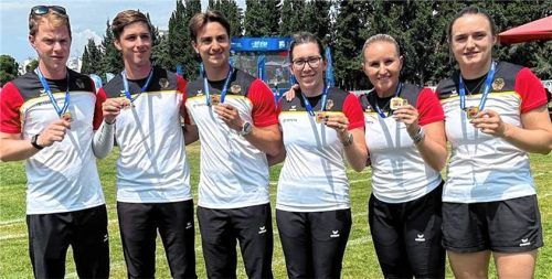 Zwei Teams, zwei Europameister-Titel: Matthias Kramer, Jonathan Vetter, Moritz Wieser, Elisa Tartler, Katharina Bauer und Charline Schwarz.Foto DSB