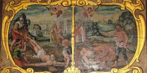 Das Gemälde aus Kirchloibersdorf zeigt das Martyrium der beiden Apostelfürsten Petrus (links, kopfüber gekreuzigt) und Paulus (rechts, geköpft). Foto Steffan