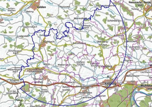 Die Karte zeigt die Überwachungszone (blauer Kreis) im Landkreis Mühldorf.