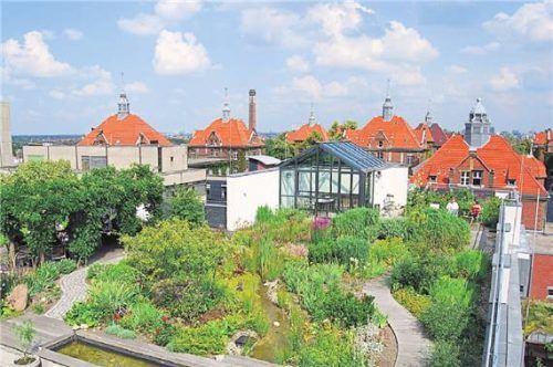 Oben Entspannung im Dachgarten – unten das bunte Treiben der Stadt. Foto OPTIGÜN INTERNATIONAL AG