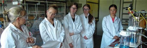 Einen Eindruck von der Leistung der Chemie beim Umweltschutz bekamen die Schülerinnen im Labor. Fotos Schubert