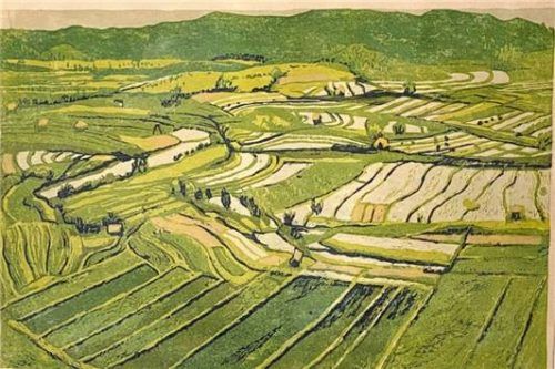 Ernst Kößlinger, „Bali“, farbiger Linolschnitt. Bößwetter