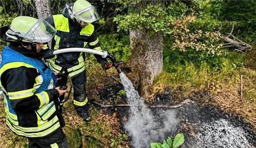 Am 26. Juli brannte in den Nicklheimer Filzen nahe der Panger Straße ein Wurzelstock. Der Schwelbrand hatte sich tief in den Torfboden gefressen.Foto Feuerwehr Nicklheim