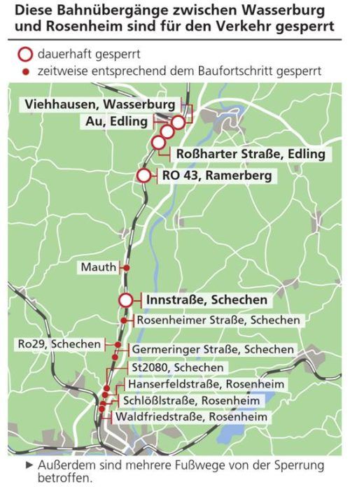 Auch einige Bahnübergänge zwischen Rosenheim und Wasserburg sind aktuell für den Verkehr gesperrt. Klinger