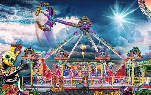 Auf dem Mühldorfer Volksfest geht es heuer ordentlich rund: von links Chaos-Pendel, Mexican Flight und Techno Power. Fotos Rudolf Mayer/Privat