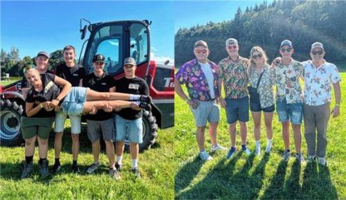Die Siegermannschaft aus Höhenmoos (links) und die Zweitplatzierten aus Ruhpolding (rechts) präsentieren sich nach dem Gauditurnier. Foto Hötzelsperger
