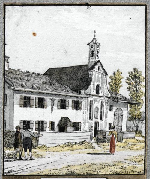 Dieses farbige Aquarell aus dem Jahr 1816 von Friedrich Wilhelm Doppelmayr zeigt die Roßacker-Kapelle in Rosenheim und einige benachbarte Gebäude. Foto Stadtarchiv Rosenheim