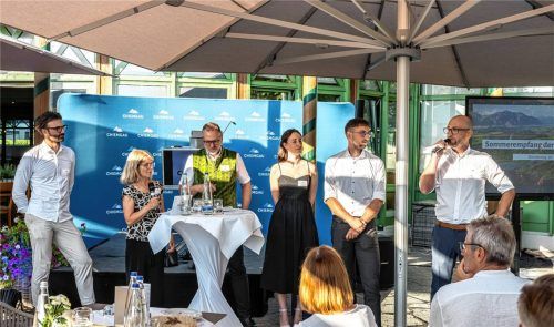 Diskutierten miteinander über die Chancen von Start-ups in der Region: (von links) Gründer Dominik Eibl, Geschäftsführerin Dr. Birgit Seeholzer (Chiemgau GmbH), Landrat Andreas Danzer, Franziska Danner (Chiemgau GmbH), Gründer Sebastian Knittler und Christoph Schauer.Foto effner