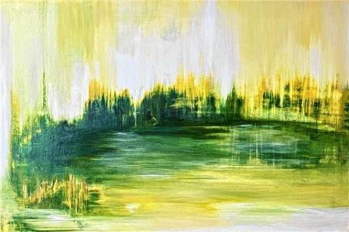 Ein Werk von Dimitria Stefanova Kirjakova, das mit seinen grünen und gelben Farbtönen an eine abstrakte Landschaft mit Wasserspiegelungen erinnert. Foto DSK