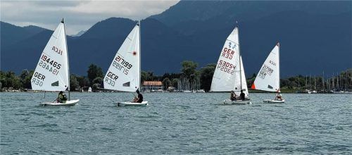 Vier Optimist-Jollen segeln auf dem Chiemsee mit Bergen im Hintergrund. Foto SCCF