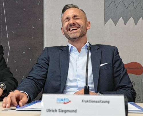 AfD-Fraktionsvorsitzender Ulrich Siegmund hat beste Laune bei der konstituierenden Fraktionssitzung der AfD im Landtag von Sachsen-Anhalt nach der Landtagswahl. dpa