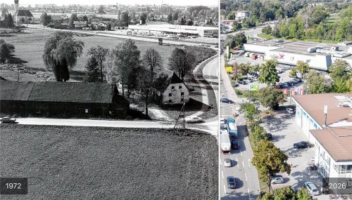 Die Kreuzung Happinger Straße/Miesbacher Straße: Im Zentrum die Kaltenmühle und viele freie Felder, die heute zugebaut sind. Die Umgehungsstraße nach Stephanskirchen gab es 1972 noch nicht. Archiv Herbert Borrmann/Hans-Jürgen Ziegler