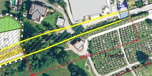 Ein Kartenausschnitt zeigt die Schonstetter Straße. Gemeinde