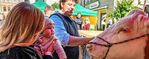 Eine Mutter zeigt ihrem Baby eine Kuh bei der Rosenheimer Schmankerlstraße. Die Tiere waren für viele Kinder eine besondere Attraktion auf dem Ludwigsplatz.Rainer Nitzsche