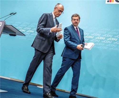 Ringen um Antworten nach dem Wahlausgang: Kanzler Friedrich Merz und Sven Schulze, amtierender Ministerpräsident von Sachsen-Anhalt, am Montag. dpa