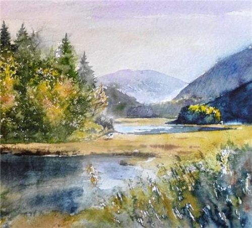 Ein Aquarell von Hans Torwesten zeigt eine herbstliche Stimmung am Weitsee. Hans Torwesten