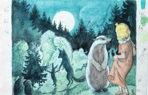 Eine Kinderbuchillustration von Ingrid Sieck mit Waldtieren und Naturwesen im Mondschein. Berger