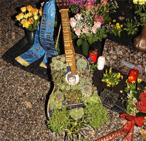 Mit Hauswurzen bepflanztes Gitarren-Gesteck mit der Aufschrift California Blue als Grabschmuck auf dem Grab von Schlagersänger Roy Black. Brigitta Erdödy